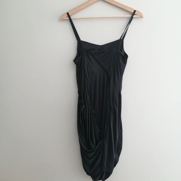 All Saints Kaya Drape Front Asymmetric Satin Black Mini Dress Spaghetti Straps 0 - Picture 4 of 16